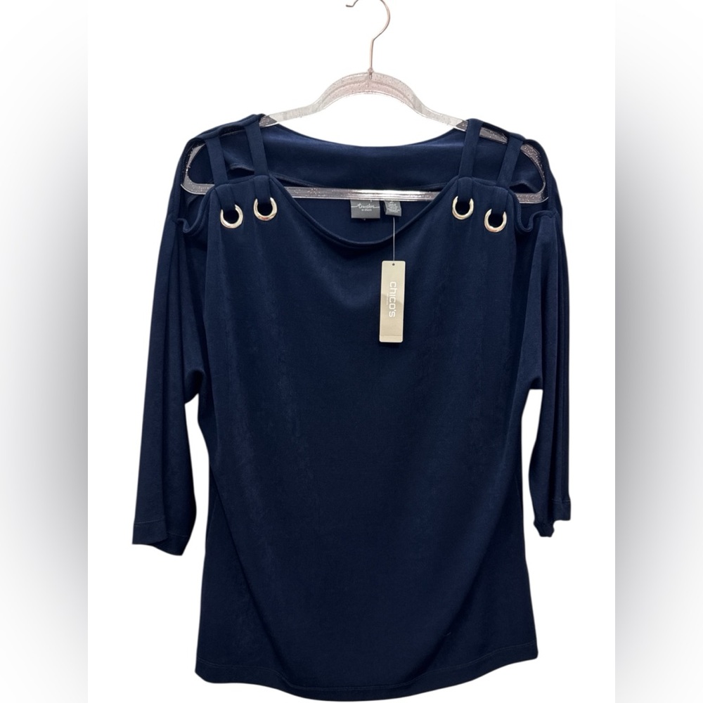 CHICO TRAVELERS CLASSIC Navy Blue Strappy Cold-Shoulder Top Grommet Hardware